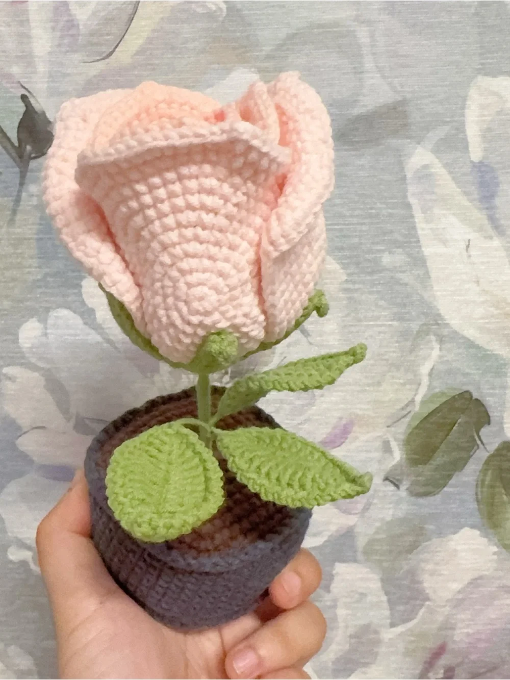 Handmade Pink Crochet Rose in Gray Pot - Home Accents